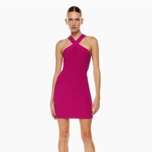 Aritzia Babaton Fuchsia Cross-Neck Mini Dress color Granita Pink Rose Granite